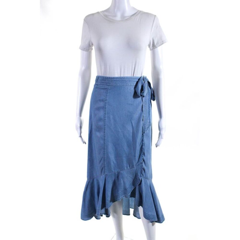 Intermix Women's Wrap Tie Waist Tiered Chambray Maxi Skirt Blue Size S